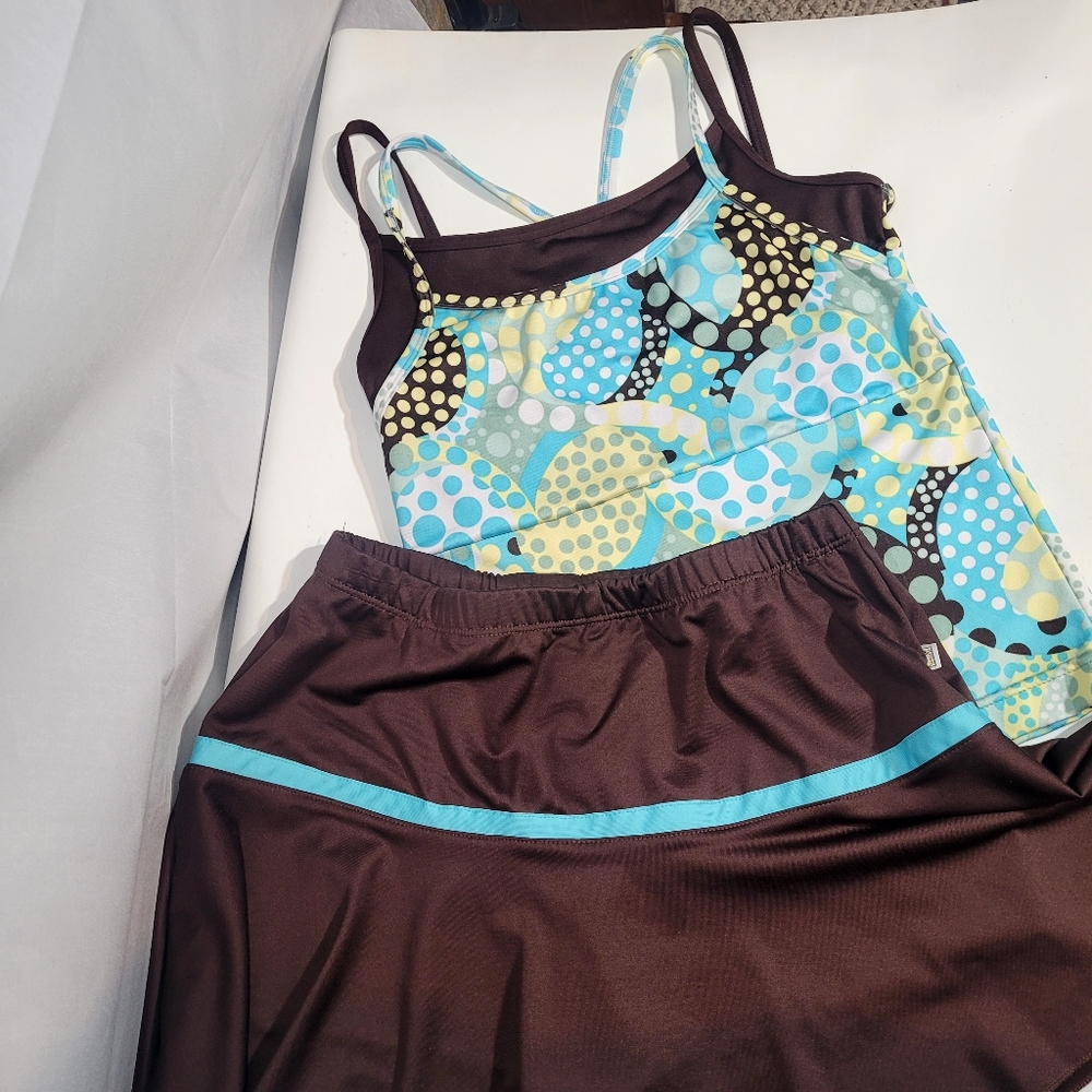 LE J 2 Piece Tennis outfit Top and Skirt Brown/Turquoise XS